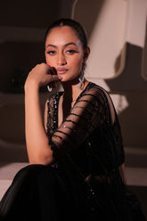 Black Sequins Embellished Blouse with drape skirt and detatchable cape